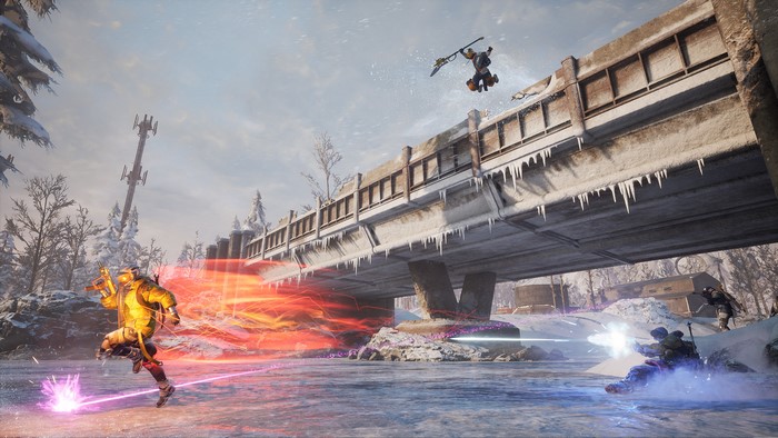 Scavengers characters fighting on a frozen bridge