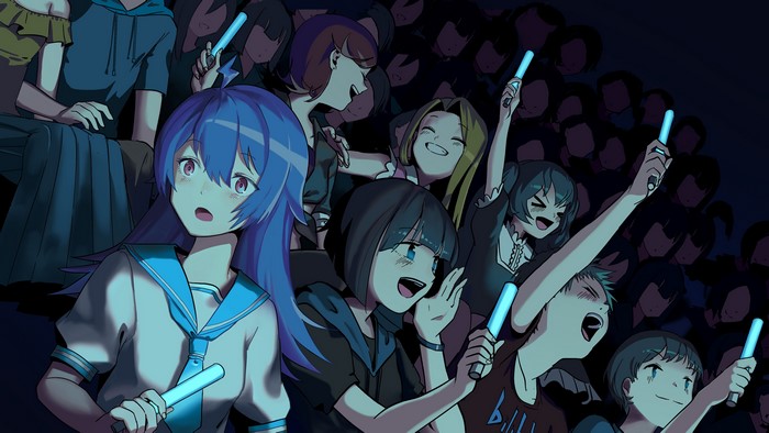 Anime girls at a concert holding glow sticks