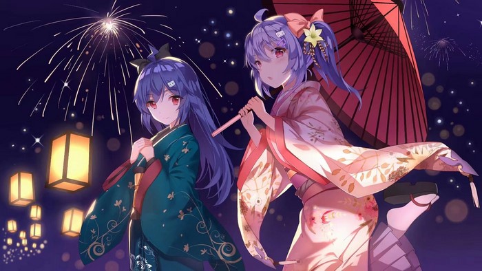 Anime girls in kimonos with fireworks and lanterns