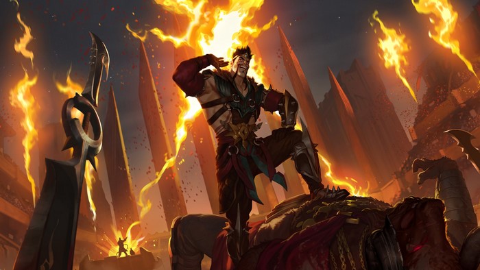 Draven from League of Legends in a fiery arena