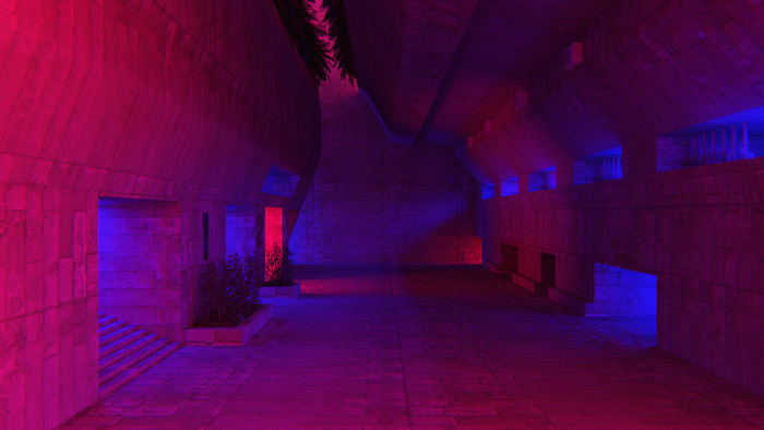 Brutalist architecture with neon lighting