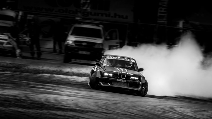 BMW Drifting with Smoke in Monochrome