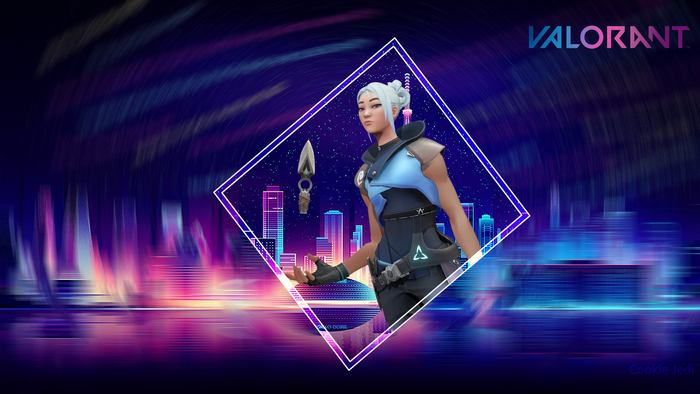 Jett from Valorant in a neon cityscape
