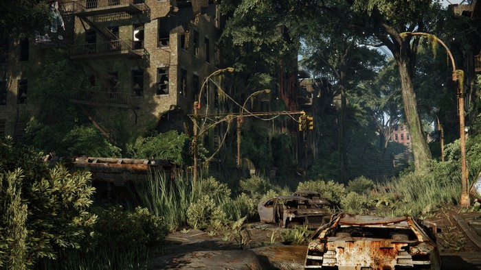Overgrown urban environment with abandoned cars and buildings