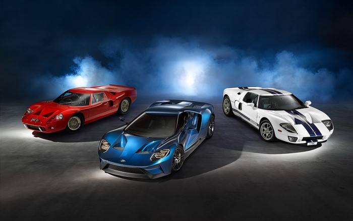 Three Ford GT cars from different eras