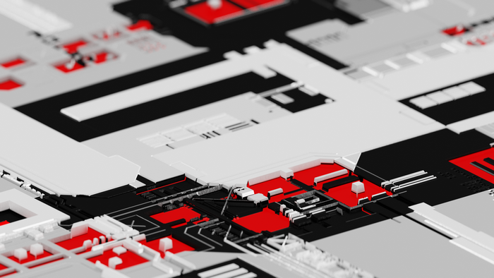 Abstract circuit board with red and white elements