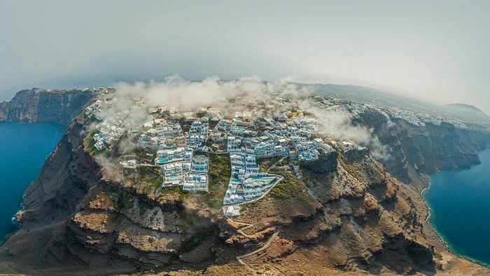 Aerial view of Oia town on Santorini island, Greece