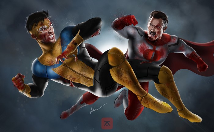 Omni-Man and Invincible fighting