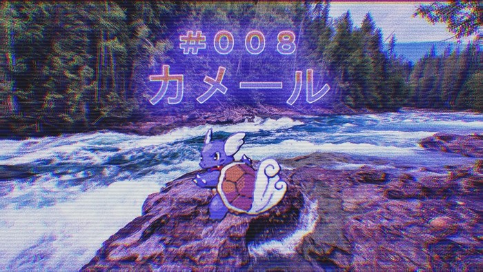 Wartortle from Pokemon in a Vaporwave Landscape