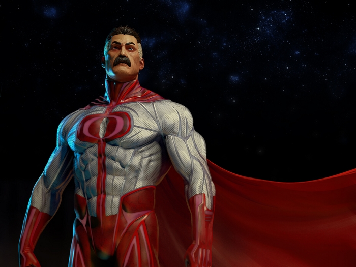 Omni-Man in a red and white suit against a starry background