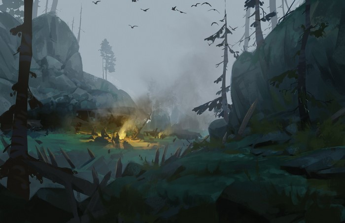 Campfire in a misty forest clearing with birds overhead