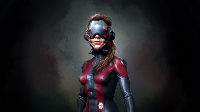 Woman in futuristic suit and helmet