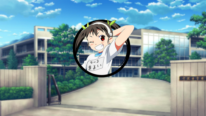 Anime girl with pigtails in front of a school