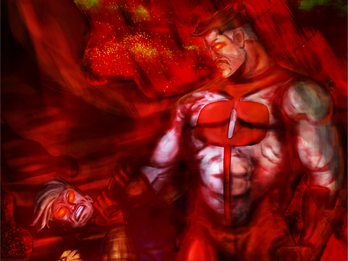 Omni-Man and Homelander in a red-hued scene