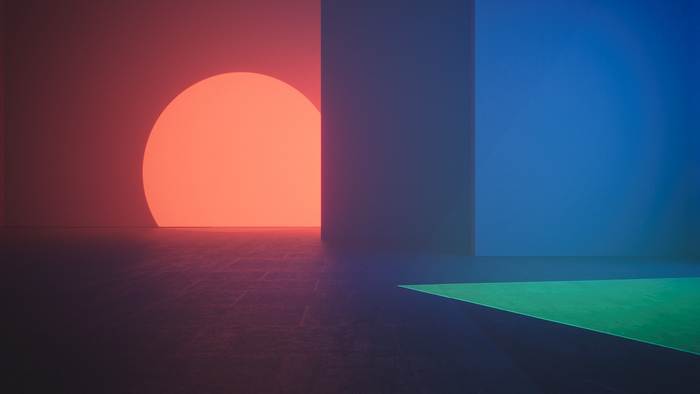 Geometric shapes with red, blue, and green lights