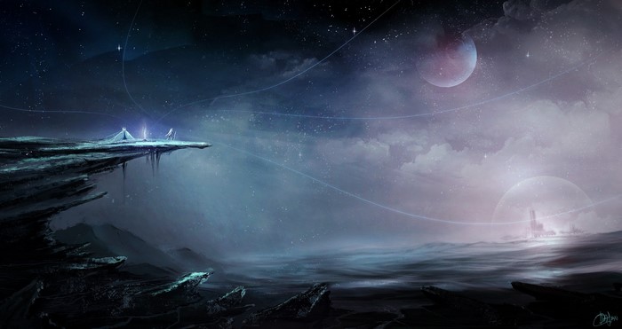 Science fiction landscape with planets and structures