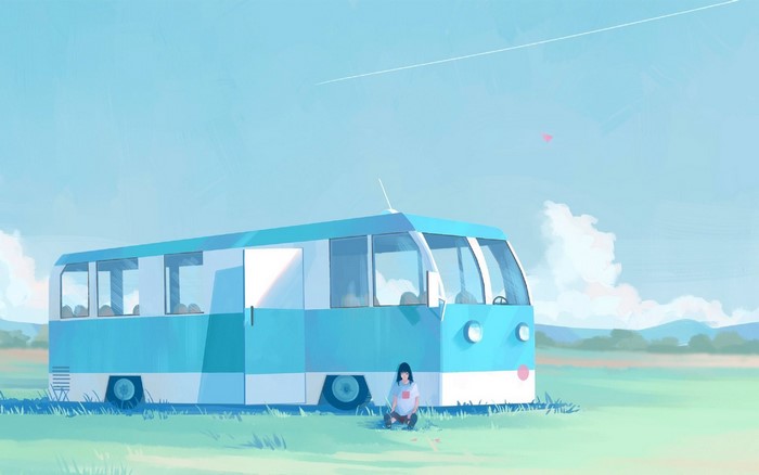 Anime girl sitting by a blue bus in a field