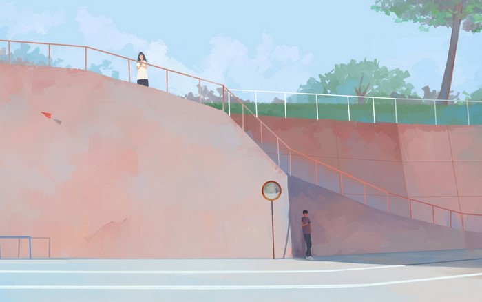 Anime style illustration of a girl and boy outdoors