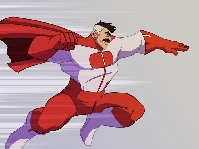 Omni-Man in his red and white costume flying