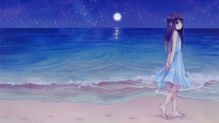 Anime girl on a beach at night under the moon