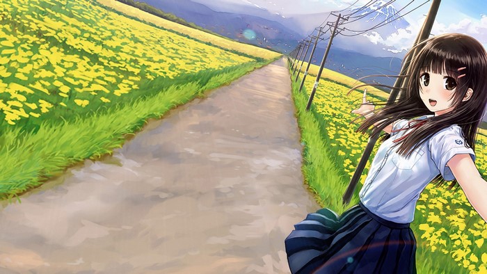 Anime girl in school uniform walking through a field of yellow flowers