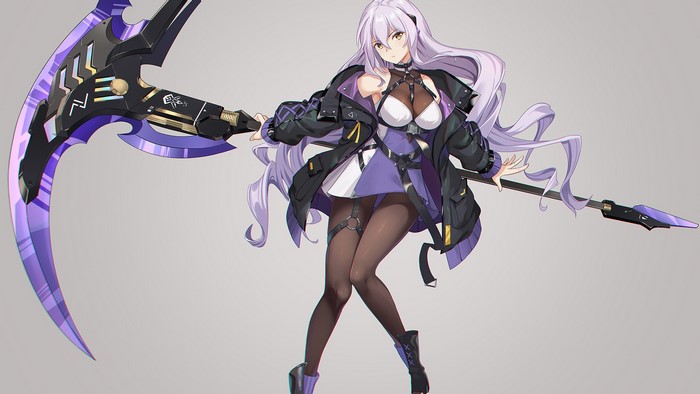 Anime girl with purple hair holding a scythe