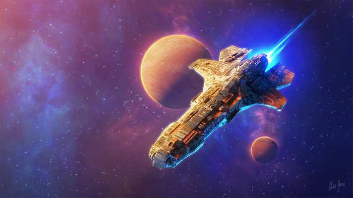 Spaceship traveling through a nebula with planets