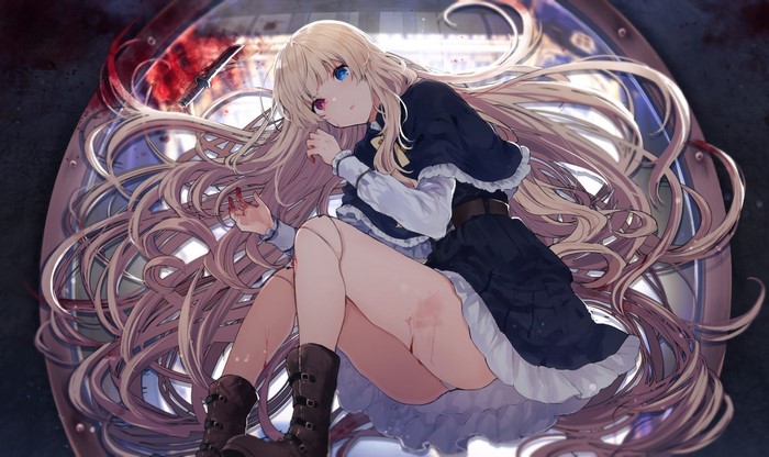 Anime girl with blonde hair and heterochromia holding a bloody knife