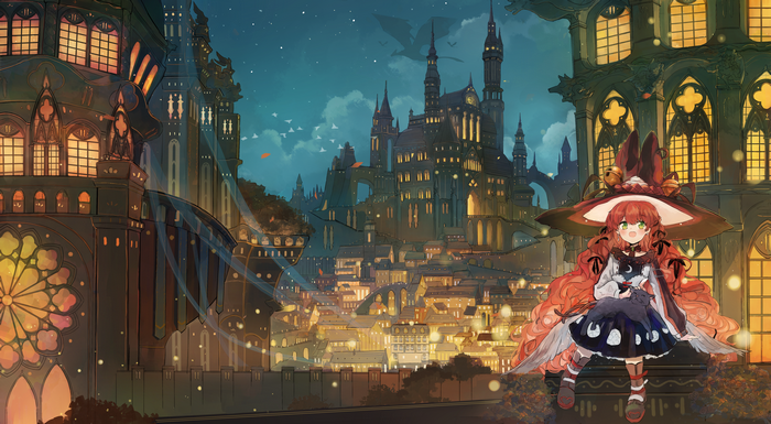 Anime girl with red hair and cat in fantasy city at night
