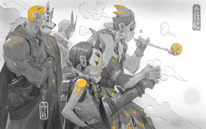 Characters with masks and yellow accents in a stylized drawing