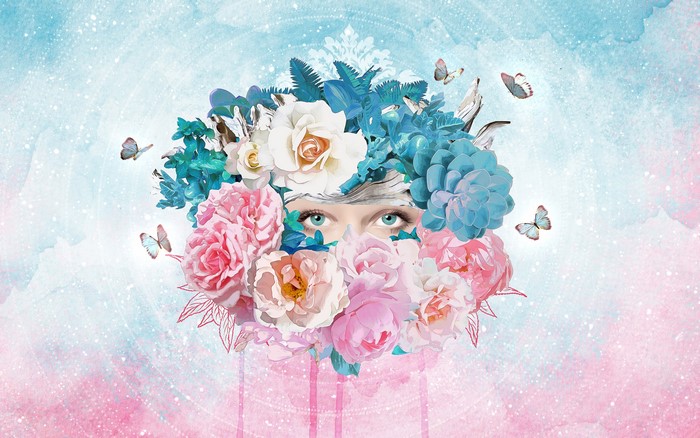 4K artwork of a woman with flowers and butterflies