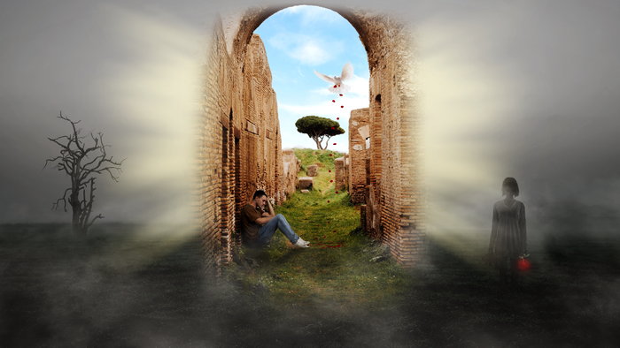 Man in ruins with dove and ghost
