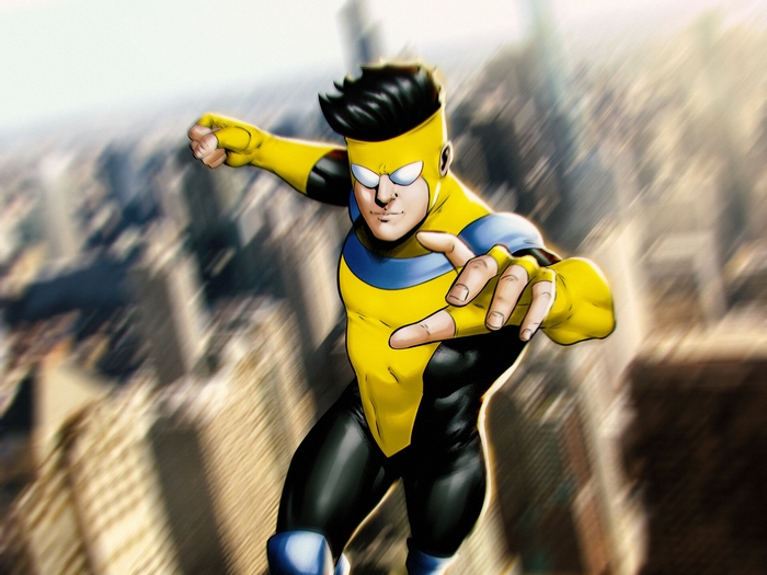 Invincible flying over a city