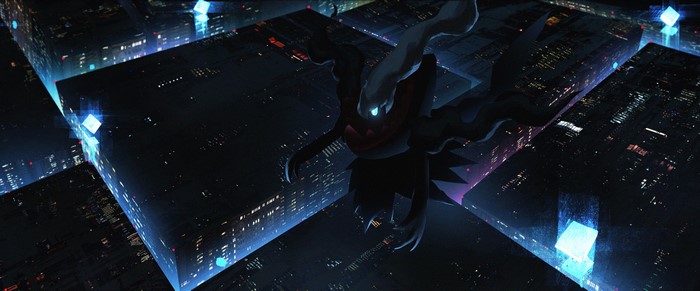 Darkrai from Pokemon in a futuristic city