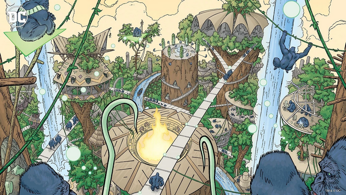 Gorillas in a futuristic jungle city with waterfalls