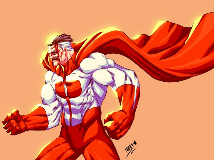 Omni-Man from Invincible with a red cape