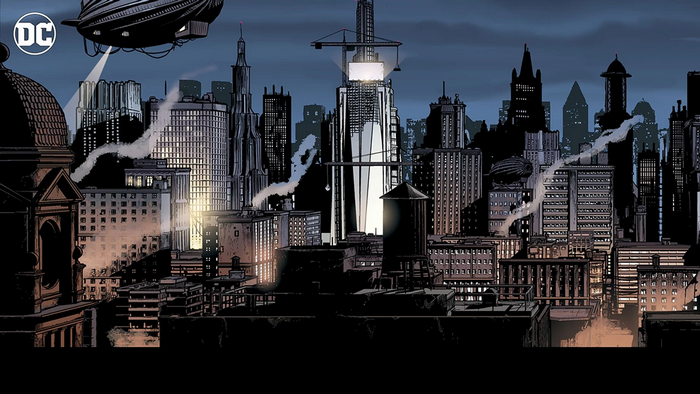 Gotham City Skyline with DC Comics Logo and Blimp