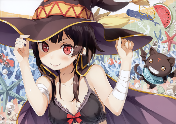 Megumin from KonoSuba in a swimsuit with a bat plush