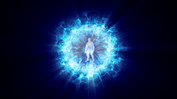 Warrior in a blue energy sphere