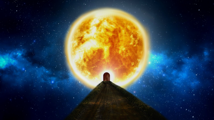 Door on a hill in front of the Sun in space