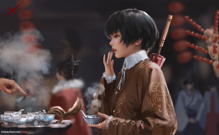 Artwork by WLOP featuring a girl in traditional Chinese dress