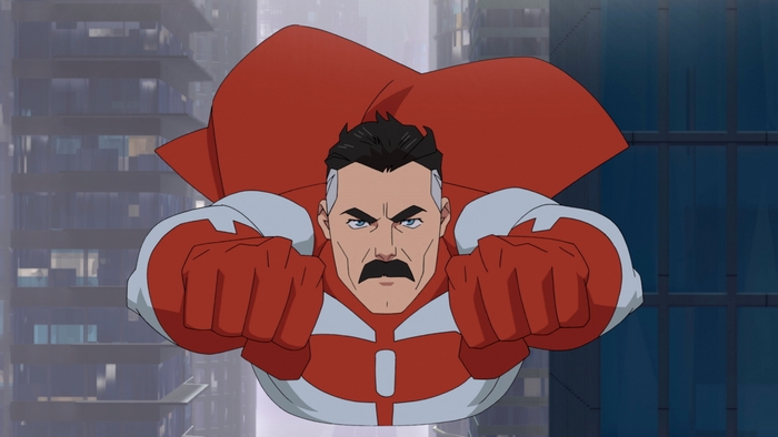 Omni-Man flying in front of city buildings