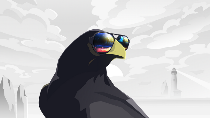 Raven wearing sunglasses with colorful reflections, lighthouse in background