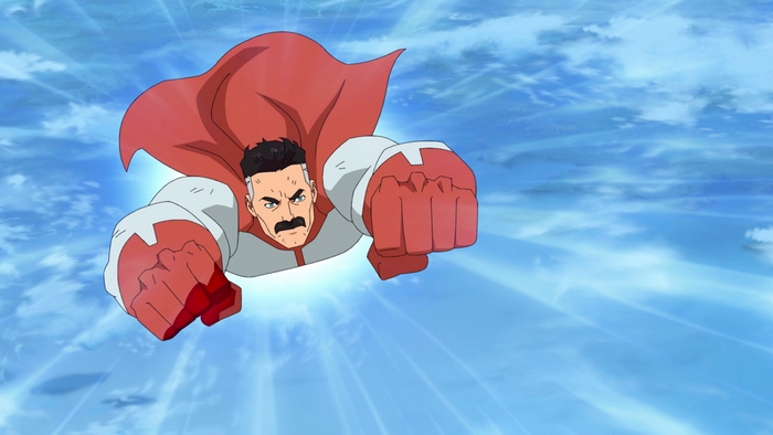 Omni-Man flying through the sky