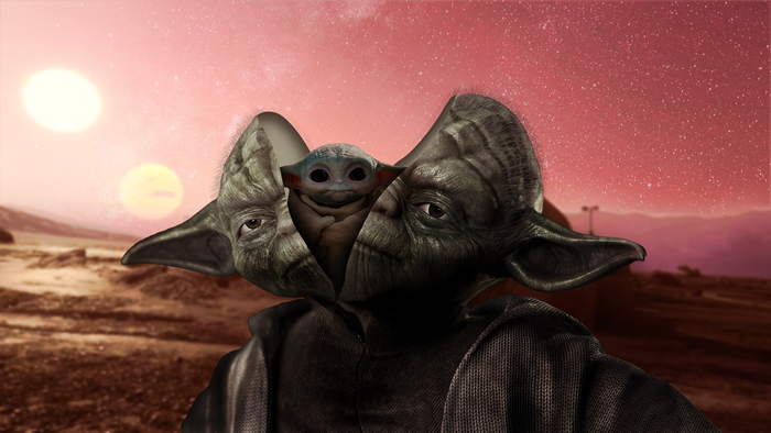 Yoda and Baby Yoda transformation on Tatooine