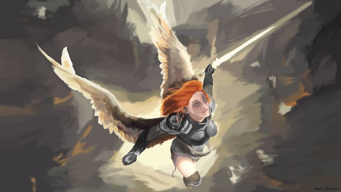 Redhead angel with sword flying