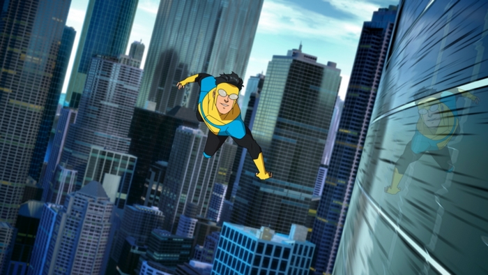 Invincible flying over a city