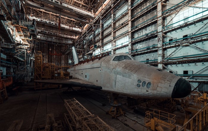 Buran space shuttle in a Soviet hangar