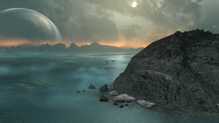 UH-114 Falcon aircraft over water on Planet Reach from Halo Reach