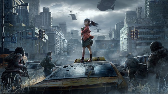Girl in a destroyed city with helicopters